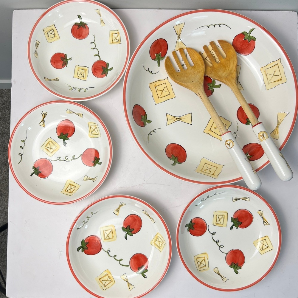 Tabletops Unlimited Pasta Bowl Set 7pc Kitchen Prep 101 Tomato Italian Kitchen